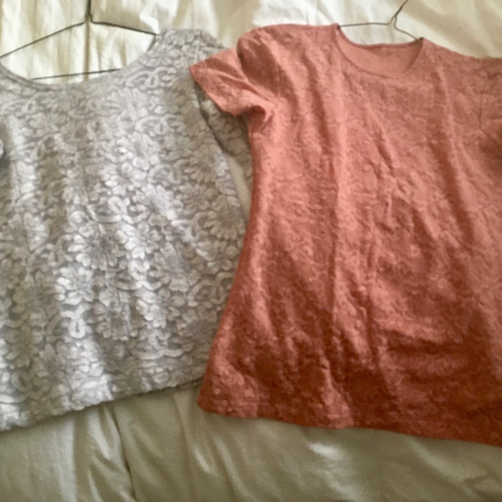 2 Lace Tee’s - Lacey Peach s/s t-shirt + Silver l/s sheer lined body t-shirt Sml